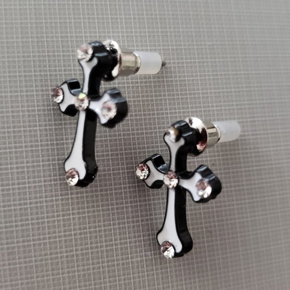 Tiny Cross Post Earrings with White Rhinestones
